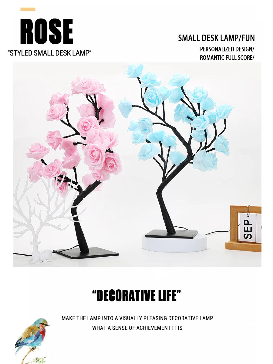 24 LED Rose arbre lumières USB prise lampe de Table fée fleur veilleuse pour la maison fête noël mariage chambre décoration cadeau