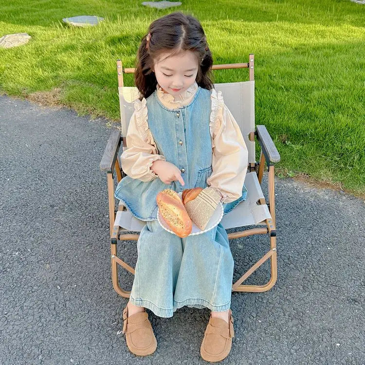 Ensembles de vêtements pour enfants, gilet en Denim pour filles + chemise à manches longues + pantalon à jambes larges, costume trois pièces, vêtements Boutique pour enfants en bas âge