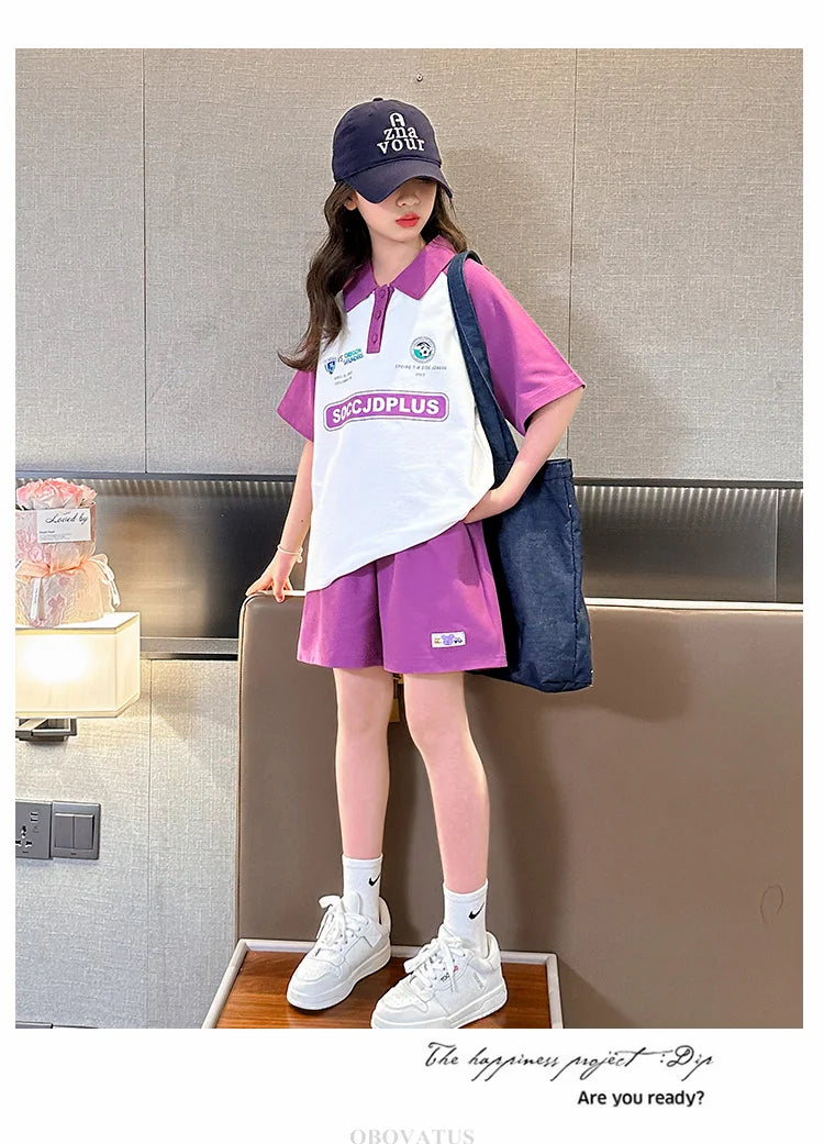 Children Summer Clothes Set For Girls Short Sleeve Polo Shirts + Shorts 2PCS Casual Outfit for Kids Teenager Cotton Clothing Set