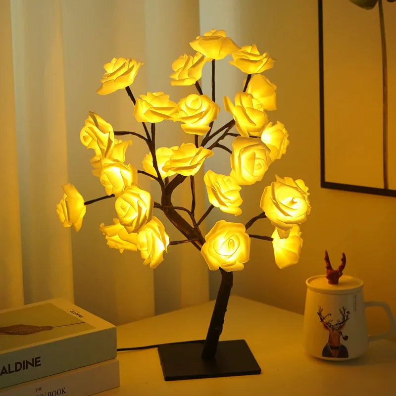 24LED lampe de Table Rose fleur arbre USB veilleuses décoration de noël cadeau pour chambre d'enfants Rose fleur éclairage décoration de la maison