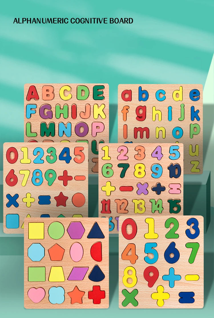 Puzzle Bois Éducatif Montessori - Chiffres Lettres Formes Géométriques
