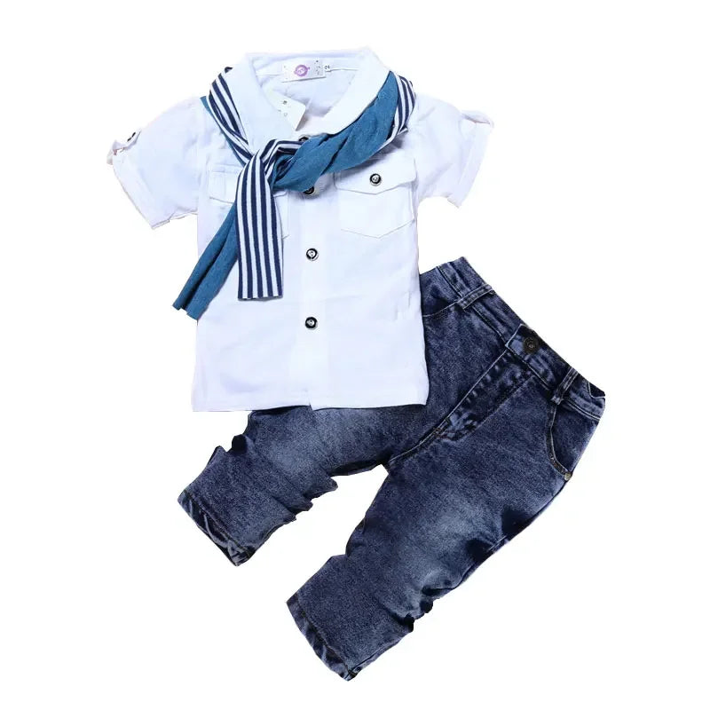 Vêtements d'été pour enfants de 2 à 7 ans, ensembles pour garçons, hauts en coton à manches courtes et col rond + jean + écharpe, Costume pour bébé