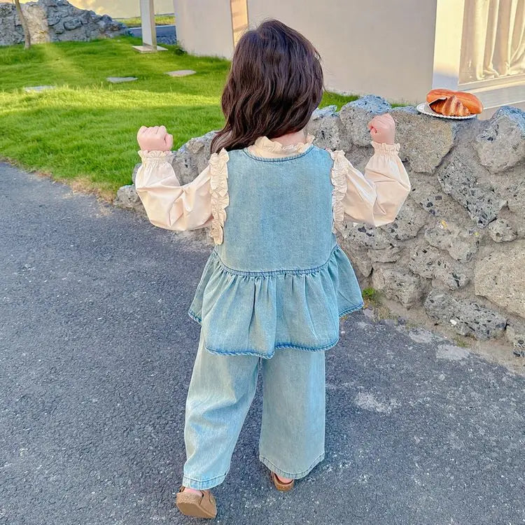 Ensembles de vêtements pour enfants, gilet en Denim pour filles + chemise à manches longues + pantalon à jambes larges, costume trois pièces, vêtements Boutique pour enfants en bas âge