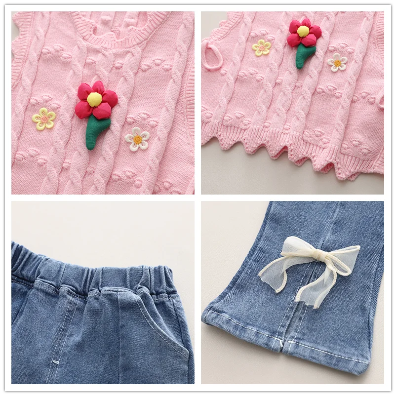 Ensembles de vêtements pour enfants pour filles, t-shirt, gilet à fleurs, jean avec nœud, vêtements de printemps et d'automne pour bébés, tenues pour nourrissons, survêtement pour enfants