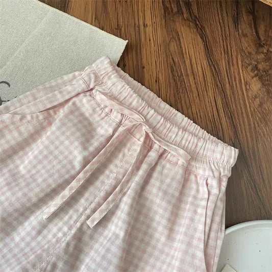 Ensembles de vêtements pour enfants, haut à manches courtes avec nœud + pantalon à jambes larges à carreaux, ensemble de 2 pièces, vêtements pour enfants en bas âge