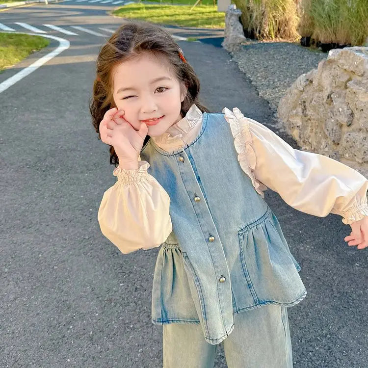 Ensembles de vêtements pour enfants, gilet en Denim pour filles + chemise à manches longues + pantalon à jambes larges, costume trois pièces, vêtements Boutique pour enfants en bas âge