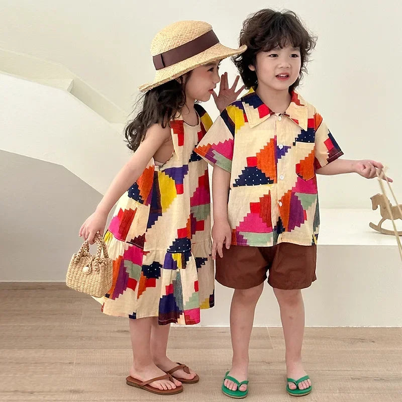 Vêtements d'été pour enfants, costume chemise pour garçon ou robe pour bébé fille, vêtements de vacances, vêtements pour frère et sœur, nouvelle collection 2025