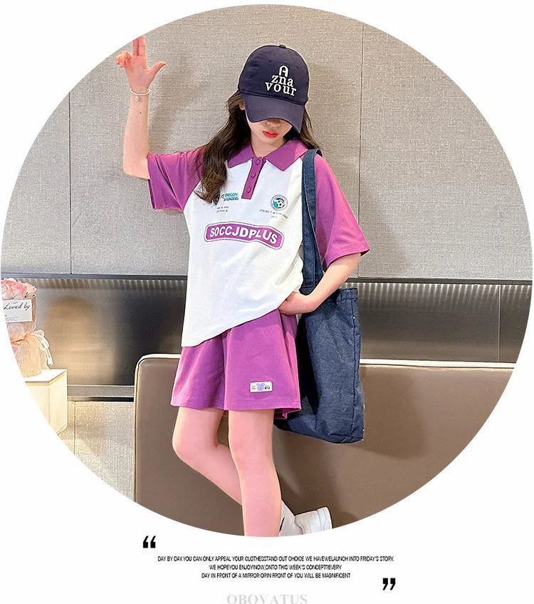 Children Summer Clothes Set For Girls Short Sleeve Polo Shirts + Shorts 2PCS Casual Outfit for Kids Teenager Cotton Clothing Set