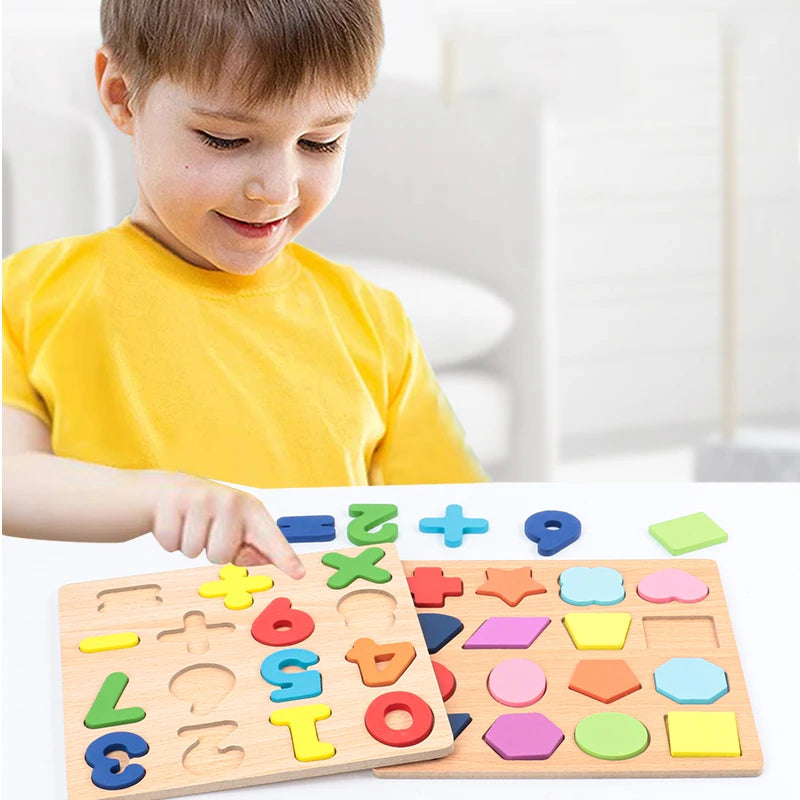 Puzzle Bois Éducatif Montessori - Chiffres Lettres Formes Géométriques
