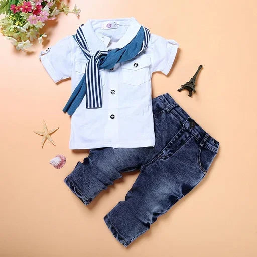 Vêtements d'été pour enfants de 2 à 7 ans, ensembles pour garçons, hauts en coton à manches courtes et col rond + jean + écharpe, Costume pour bébé