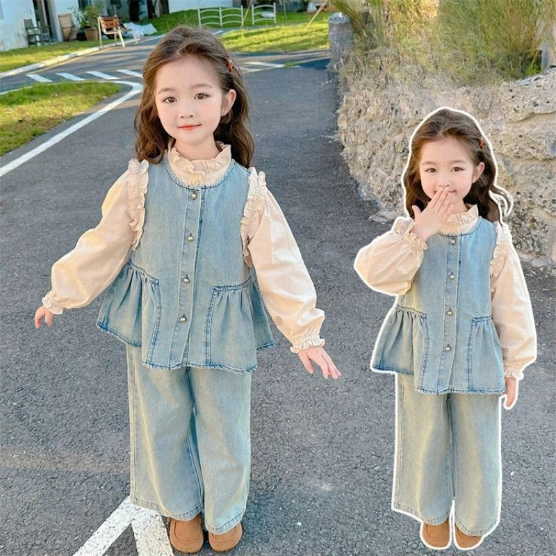 Ensembles de vêtements pour enfants, gilet en Denim pour filles + chemise à manches longues + pantalon à jambes larges, costume trois pièces, vêtements Boutique pour enfants en bas âge