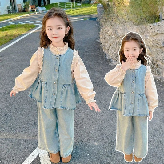 Ensembles de vêtements pour enfants, gilet en Denim pour filles + chemise à manches longues + pantalon à jambes larges, costume trois pièces, vêtements Boutique pour enfants en bas âge