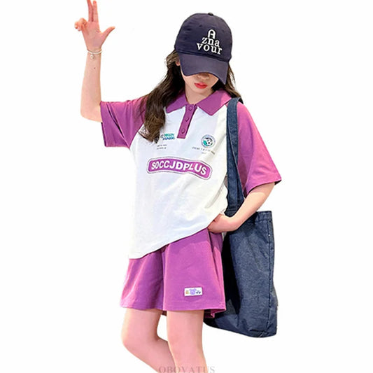 Children Summer Clothes Set For Girls Short Sleeve Polo Shirts + Shorts 2PCS Casual Outfit for Kids Teenager Cotton Clothing Set