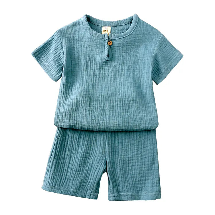 Vêtements d'été en coton et lin pour enfants de 2 à 7 ans, ensemble de couleur unie, haut à manches courtes, Short