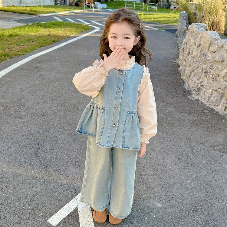 Ensembles de vêtements pour enfants, gilet en Denim pour filles + chemise à manches longues + pantalon à jambes larges, costume trois pièces, vêtements Boutique pour enfants en bas âge
