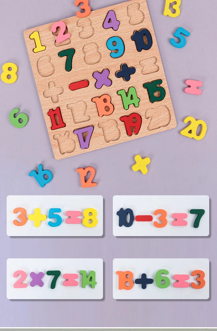 Puzzle Bois Éducatif Montessori - Chiffres Lettres Formes Géométriques