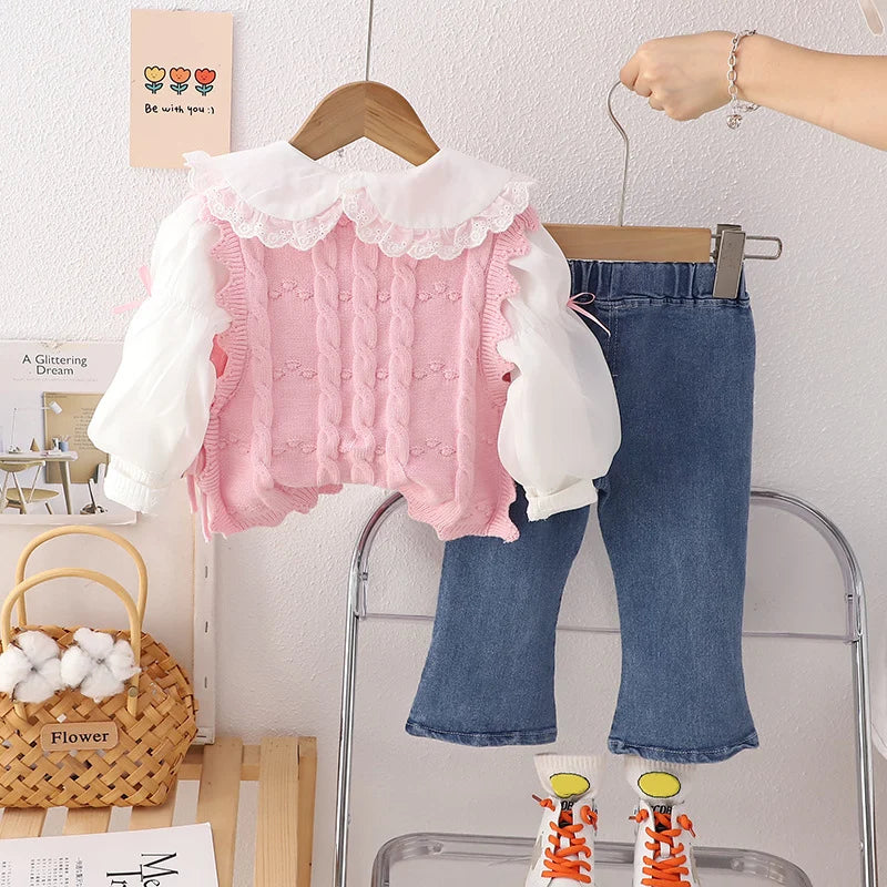 Ensembles de vêtements pour enfants pour filles, t-shirt, gilet à fleurs, jean avec nœud, vêtements de printemps et d'automne pour bébés, tenues pour nourrissons, survêtement pour enfants