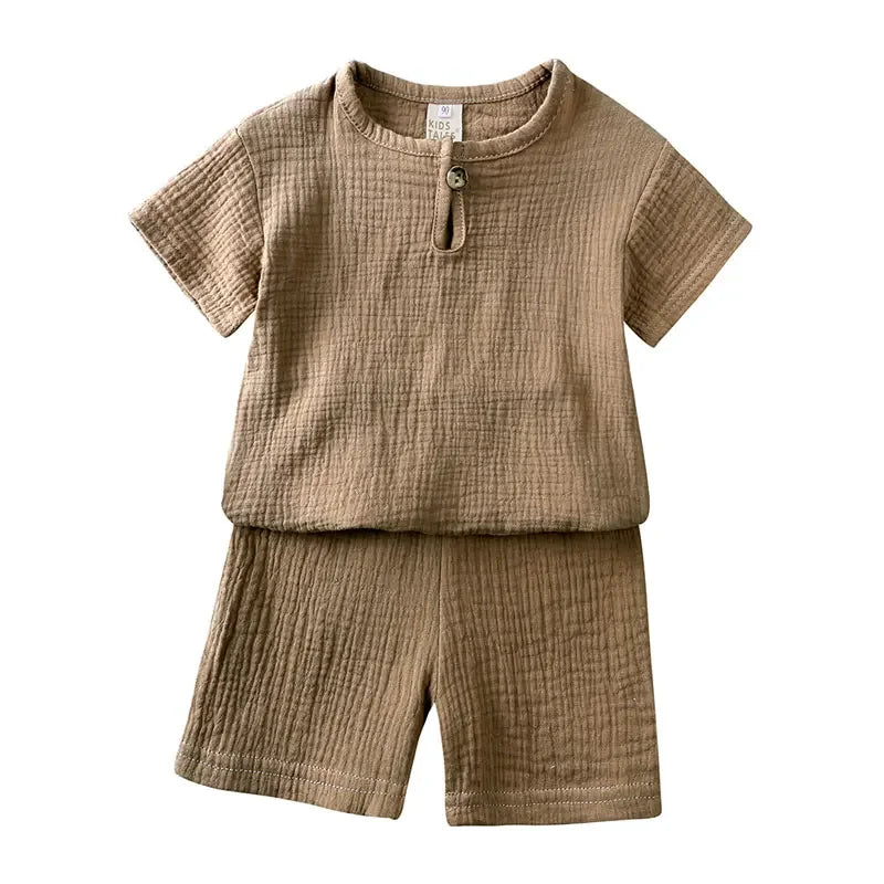 Vêtements d'été en coton et lin pour enfants de 2 à 7 ans, ensemble de couleur unie, haut à manches courtes, Short