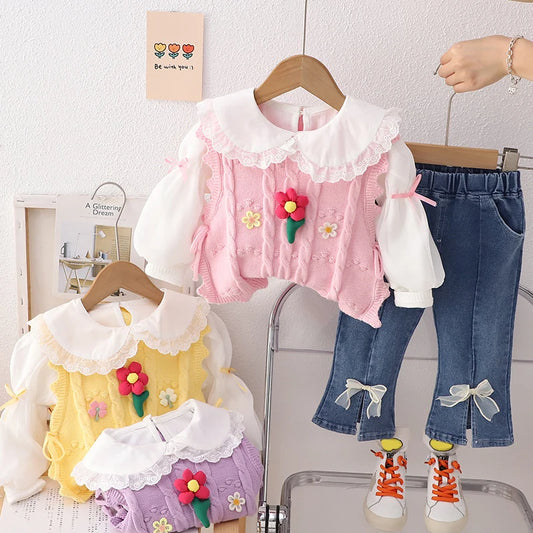 Ensembles de vêtements pour enfants pour filles, t-shirt, gilet à fleurs, jean avec nœud, vêtements de printemps et d'automne pour bébés, tenues pour nourrissons, survêtement pour enfants
