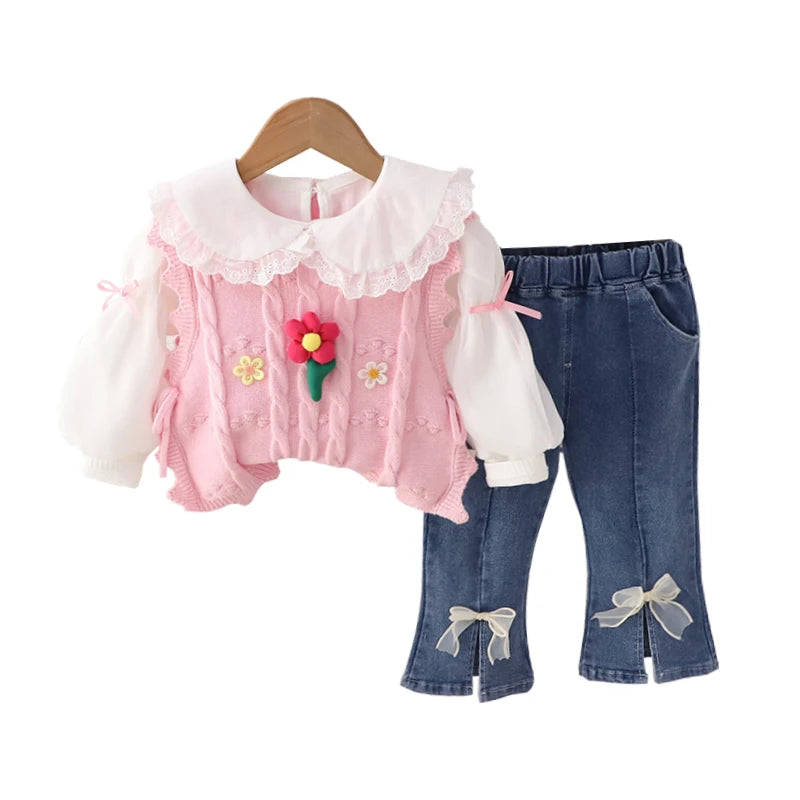 Ensembles de vêtements pour enfants pour filles, t-shirt, gilet à fleurs, jean avec nœud, vêtements de printemps et d'automne pour bébés, tenues pour nourrissons, survêtement pour enfants
