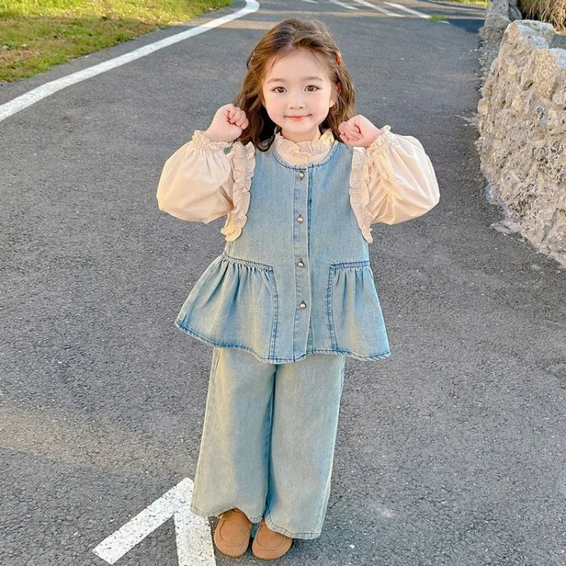 Ensembles de vêtements pour enfants, gilet en Denim pour filles + chemise à manches longues + pantalon à jambes larges, costume trois pièces, vêtements Boutique pour enfants en bas âge