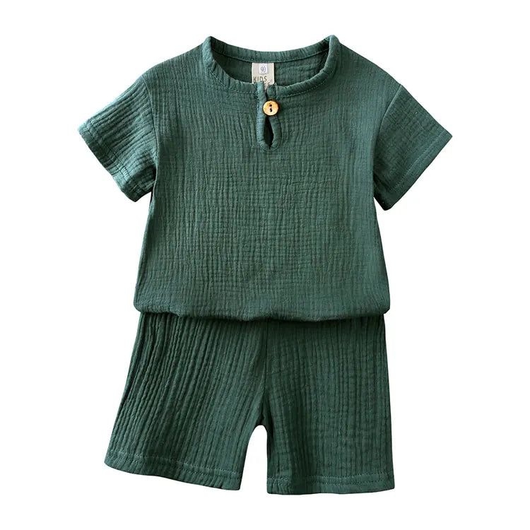 Vêtements d'été en coton et lin pour enfants de 2 à 7 ans, ensemble de couleur unie, haut à manches courtes, Short