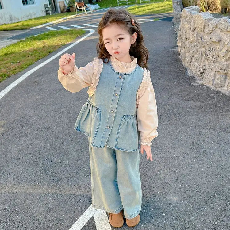 Ensembles de vêtements pour enfants, gilet en Denim pour filles + chemise à manches longues + pantalon à jambes larges, costume trois pièces, vêtements Boutique pour enfants en bas âge