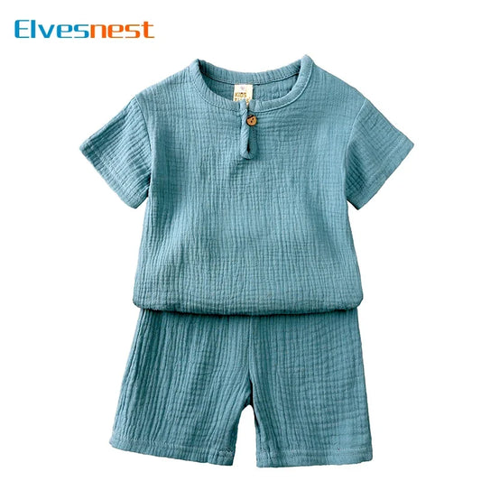 Vêtements d'été en coton et lin pour enfants de 2 à 7 ans, ensemble de couleur unie, haut à manches courtes, Short