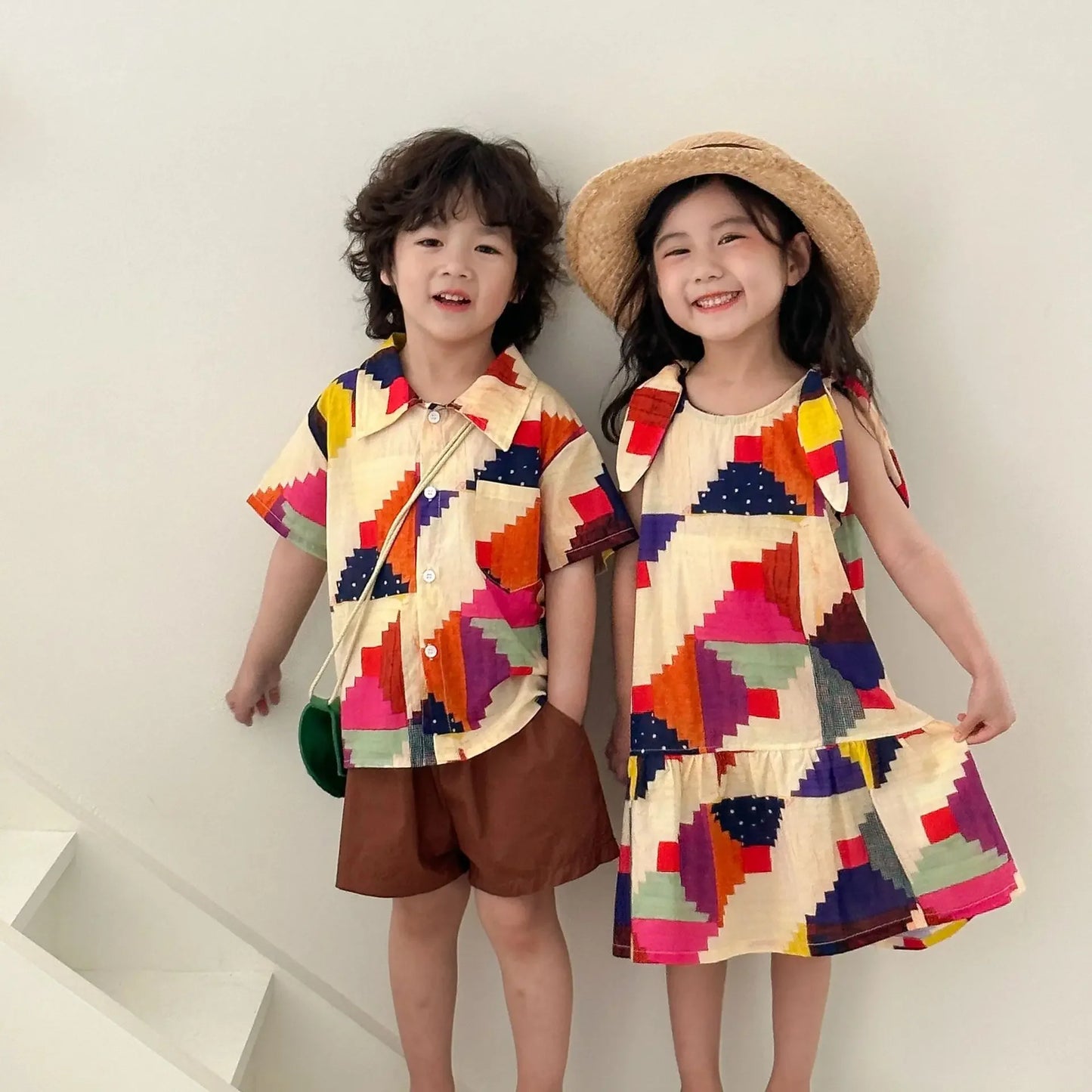 Vêtements d'été pour enfants, costume chemise pour garçon ou robe pour bébé fille, vêtements de vacances, vêtements pour frère et sœur, nouvelle collection 2025