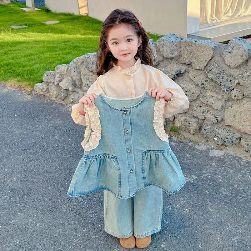 Ensembles de vêtements pour enfants, gilet en Denim pour filles + chemise à manches longues + pantalon à jambes larges, costume trois pièces, vêtements Boutique pour enfants en bas âge