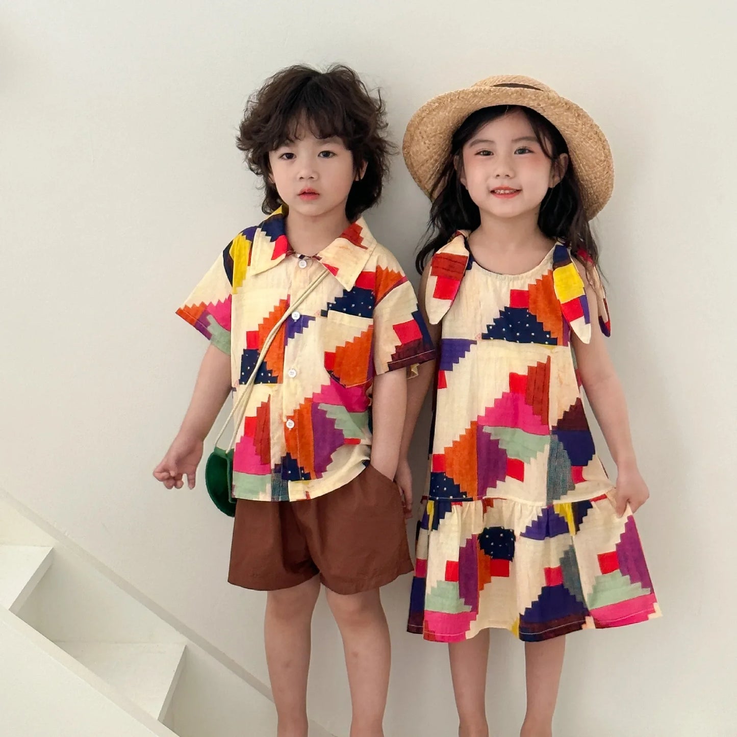 Vêtements d'été pour enfants, costume chemise pour garçon ou robe pour bébé fille, vêtements de vacances, vêtements pour frère et sœur, nouvelle collection 2025