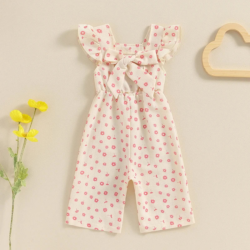 Salopette d'été en coton pour filles, vêtements pour enfants, imprimé floral, dos nu, nœud papillon, combinaisons, vêtements pour bébés