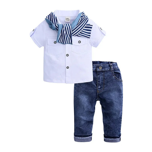 Vêtements d'été pour enfants de 2 à 7 ans, ensembles pour garçons, hauts en coton à manches courtes et col rond + jean + écharpe, Costume pour bébé
