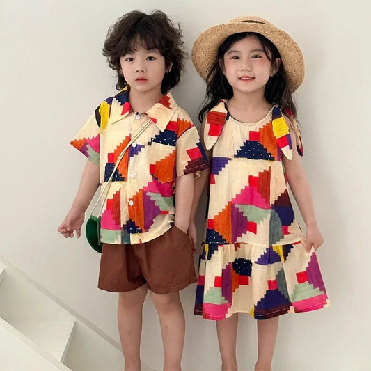 Vêtements d'été pour enfants, costume chemise pour garçon ou robe pour bébé fille, vêtements de vacances, vêtements pour frère et sœur, nouvelle collection 2025
