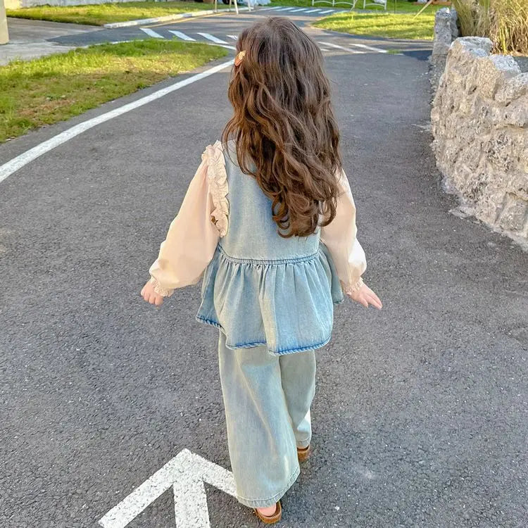 Ensembles de vêtements pour enfants, gilet en Denim pour filles + chemise à manches longues + pantalon à jambes larges, costume trois pièces, vêtements Boutique pour enfants en bas âge