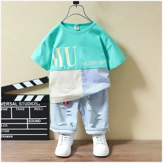 T-Shirt à Manches Courtes et Pantalon Court en Denim pour Enfant, Vêtements d'Été pour Bébé Garçon de 2 à 7 ans, 2 Pièces