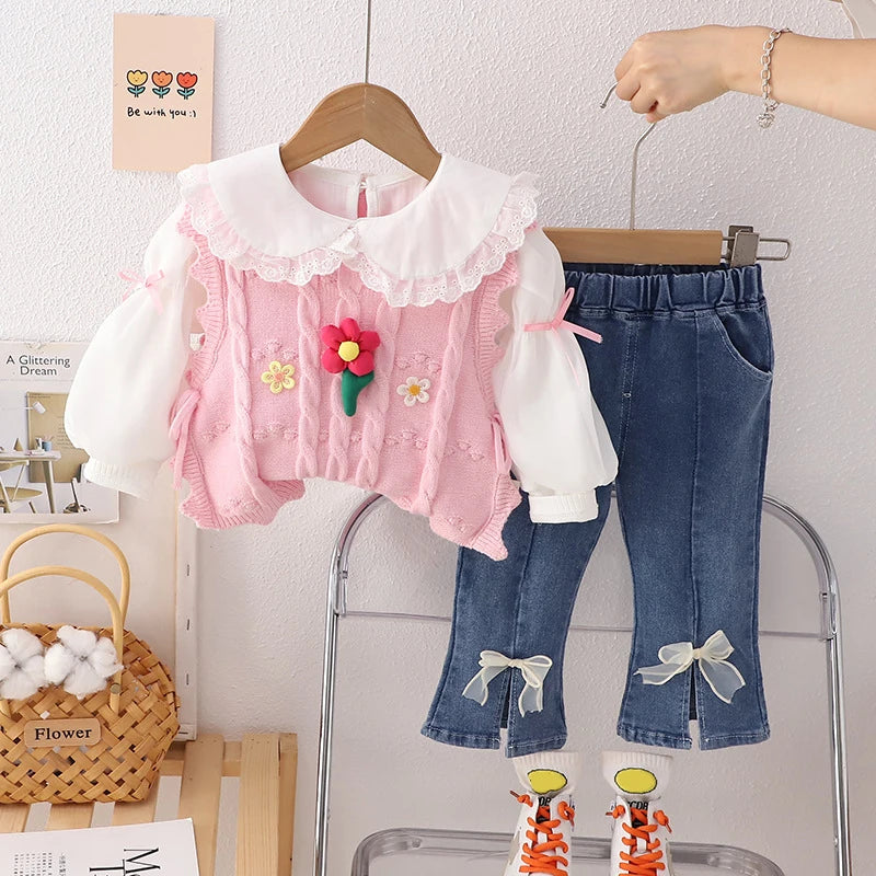 Ensembles de vêtements pour enfants pour filles, t-shirt, gilet à fleurs, jean avec nœud, vêtements de printemps et d'automne pour bébés, tenues pour nourrissons, survêtement pour enfants