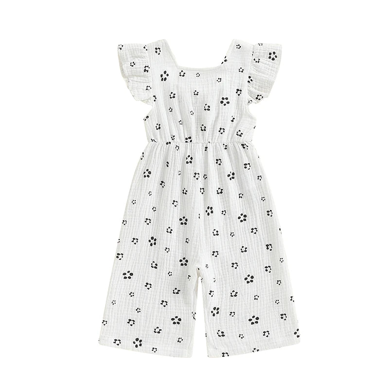 Salopette d'été en coton pour filles, vêtements pour enfants, imprimé floral, dos nu, nœud papillon, combinaisons, vêtements pour bébés