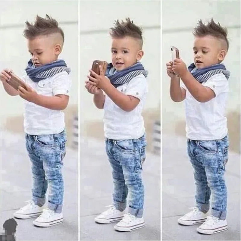 Vêtements d'été pour enfants de 2 à 7 ans, ensembles pour garçons, hauts en coton à manches courtes et col rond + jean + écharpe, Costume pour bébé