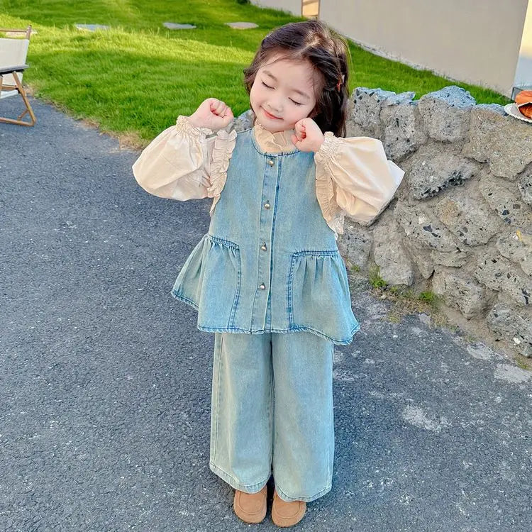 Ensembles de vêtements pour enfants, gilet en Denim pour filles + chemise à manches longues + pantalon à jambes larges, costume trois pièces, vêtements Boutique pour enfants en bas âge