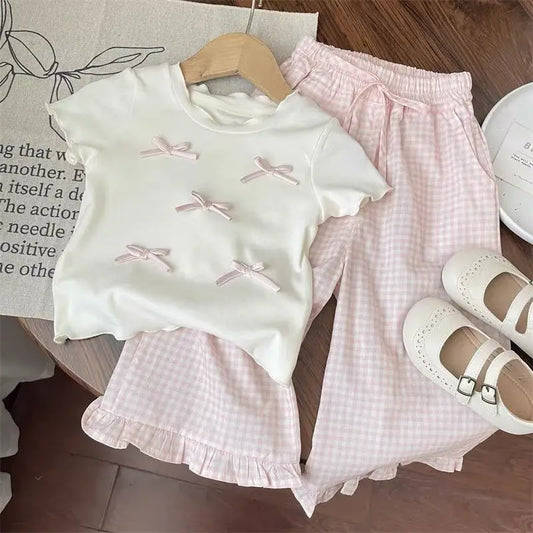 Ensembles de vêtements pour enfants, haut à manches courtes avec nœud + pantalon à jambes larges à carreaux, ensemble de 2 pièces, vêtements pour enfants en bas âge