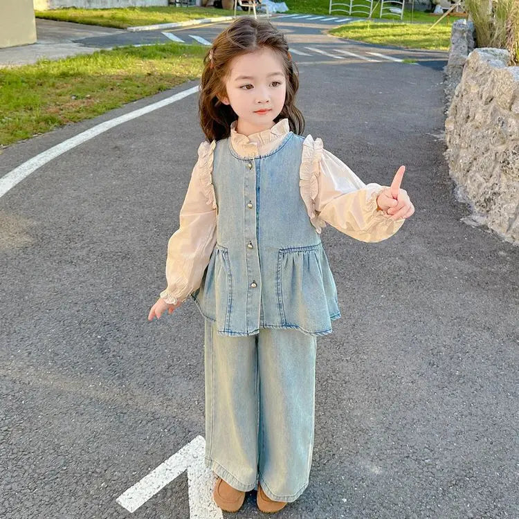Ensembles de vêtements pour enfants, gilet en Denim pour filles + chemise à manches longues + pantalon à jambes larges, costume trois pièces, vêtements Boutique pour enfants en bas âge