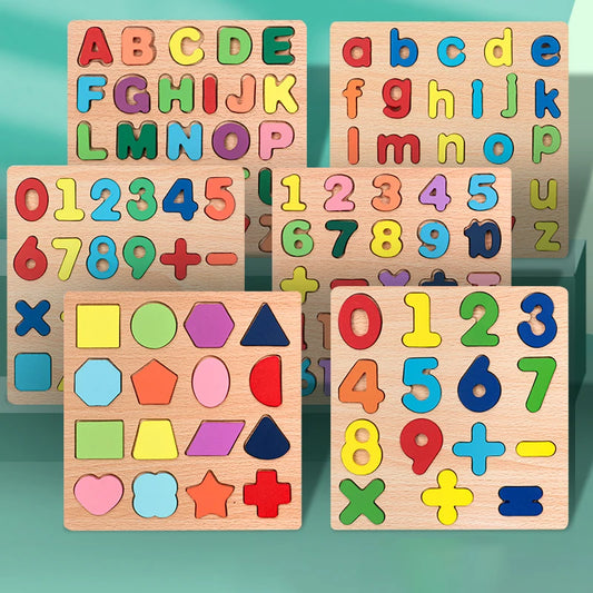 Puzzle Bois Éducatif Montessori - Chiffres Lettres Formes Géométriques