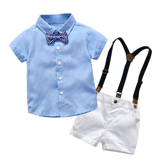 Vêtements de gentleman pour tout-petits garçons, tenues pour bébés, shorts Y +, t-shirt à nœud, salopette habillée pour garçons