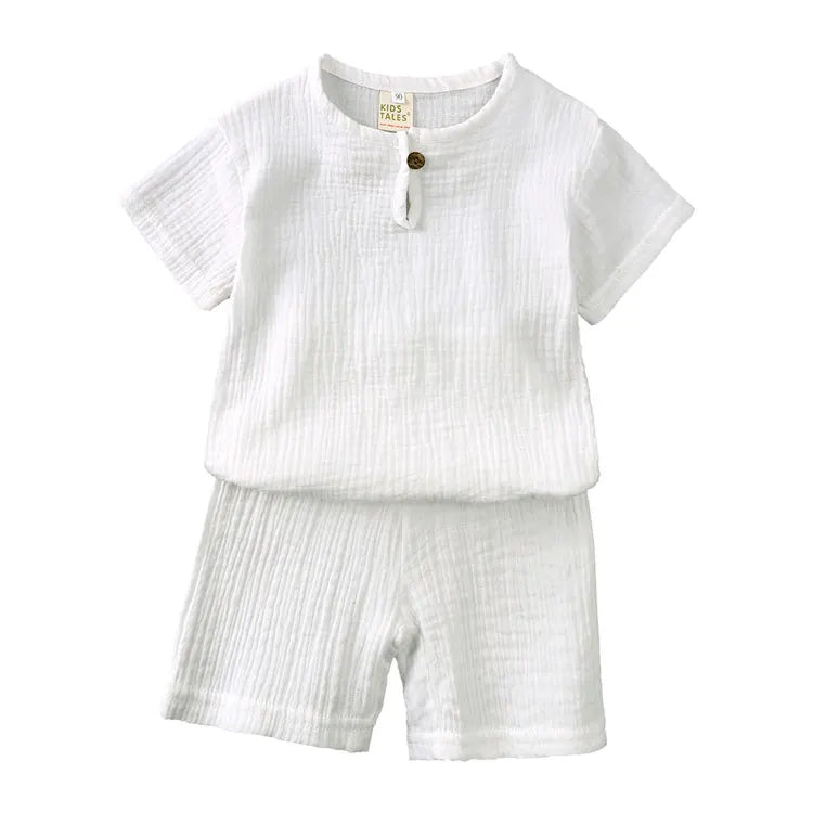 Vêtements d'été en coton et lin pour enfants de 2 à 7 ans, ensemble de couleur unie, haut à manches courtes, Short
