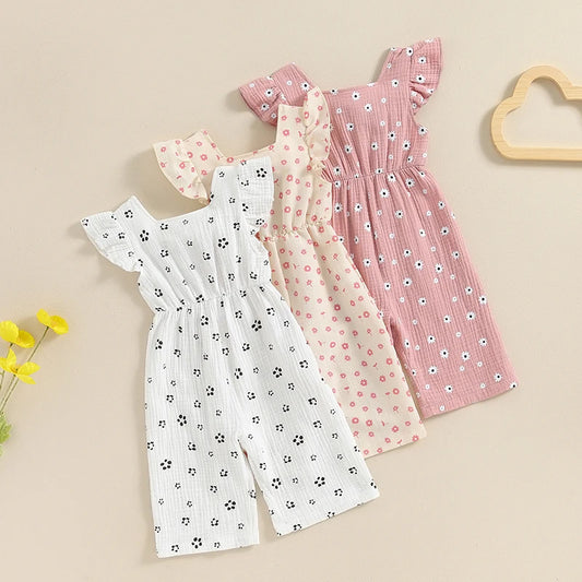 Salopette d'été en coton pour filles, vêtements pour enfants, imprimé floral, dos nu, nœud papillon, combinaisons, vêtements pour bébés
