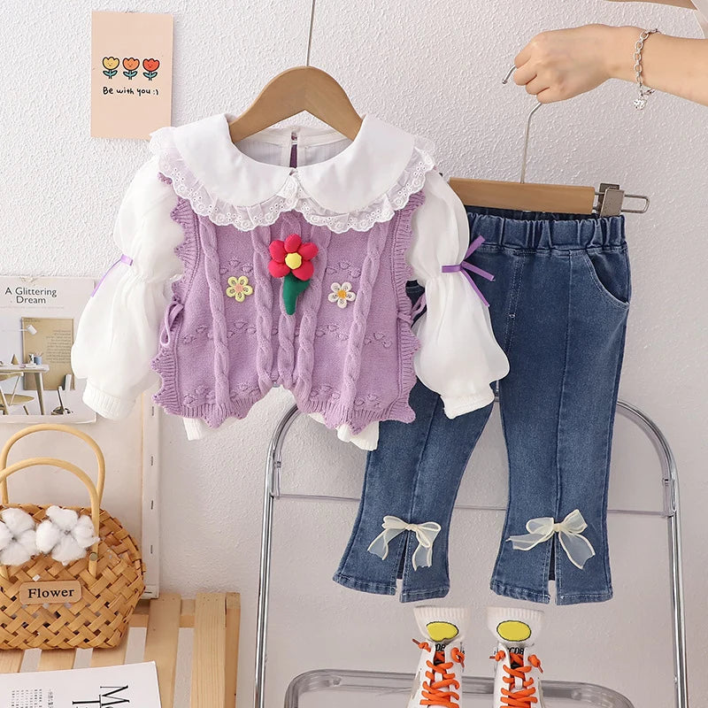 Ensembles de vêtements pour enfants pour filles, t-shirt, gilet à fleurs, jean avec nœud, vêtements de printemps et d'automne pour bébés, tenues pour nourrissons, survêtement pour enfants