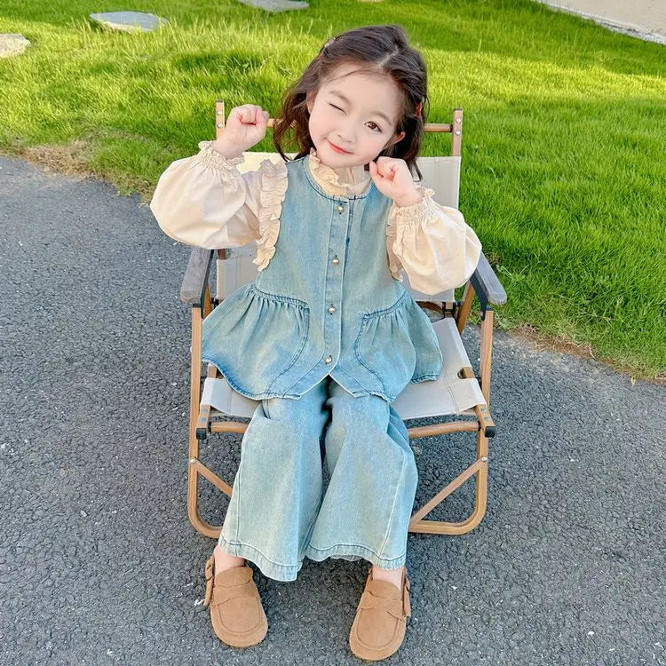 Ensembles de vêtements pour enfants, gilet en Denim pour filles + chemise à manches longues + pantalon à jambes larges, costume trois pièces, vêtements Boutique pour enfants en bas âge