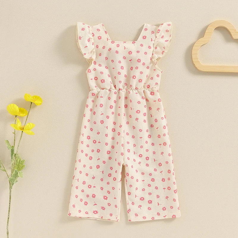 Salopette d'été en coton pour filles, vêtements pour enfants, imprimé floral, dos nu, nœud papillon, combinaisons, vêtements pour bébés